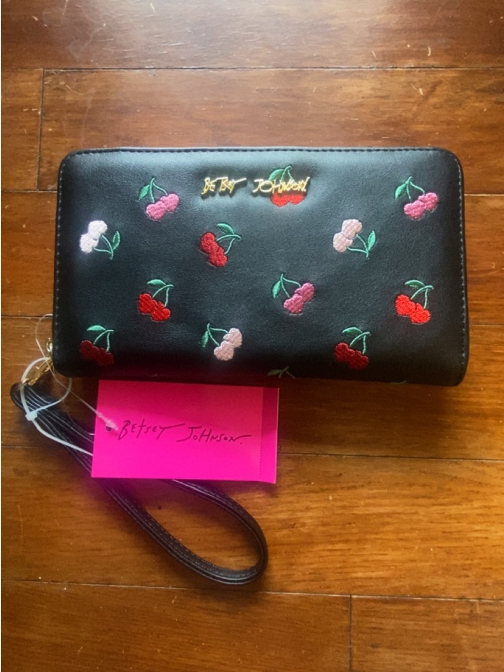 Betsey Johnson Black Wristlet Wallet with Red & Pink Cherry Embroidery